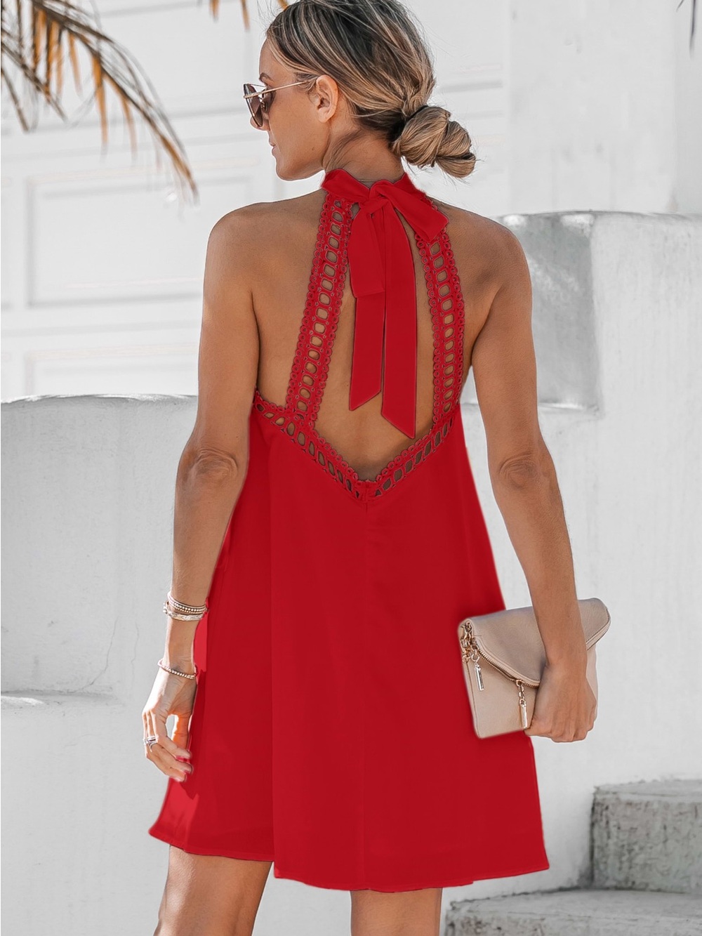 Cupshe Red Halter Crochet-Trim Mini Dress
